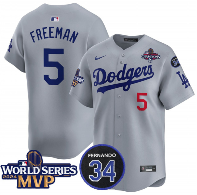 Men's Los Angeles Dodgers #5 Freddie Freeman Grey 2024 World Series MVP & Fernando Memorial Patch Vapor Premier Limited Stitched Baseball Jersey Men's Los Angeles Dodgers #5 Freddie Freeman Grey 2024 World Series MVP & Fernando Memorial Patch Vapor Premier Limited Stitched Baseball Jersey